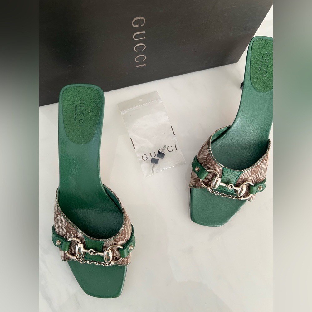 Gucci by Tom Ford Green GG Monogram Horsebit Mules / US 6 1/2 / Vintage - Picture 2 of 10